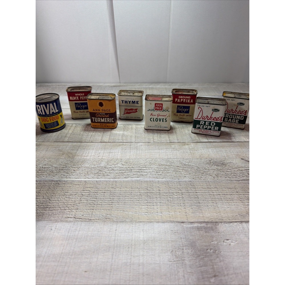 Lot of 8 Vintage Spice Tins Durkee Ann Page Kroger French's Advertising Kitchen
